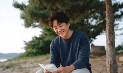 young Korean man smiling while checking bankbook