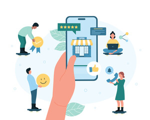 Customer feedback vector illustration. Cartoon hand holding phone with shop building on screen, tiny people giving likes, five stars and thumbs up emoji to evaluate quality of product or service