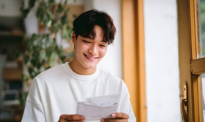 young Korean man smiling while checking bankbook