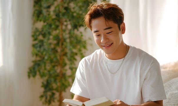 young Korean man smiling while checking bankbook - Powered by Adobe