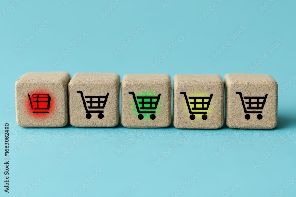 Poster conceptual representation of varying shopping cart statuses in a digital marketplace emphasizing eng