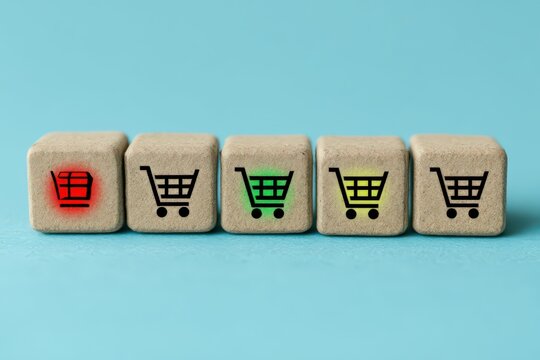 Conceptual representation of varying shopping cart statuses in a digital marketplace emphasizing engagement and consumer decision-making processes in e-commerce dynamics