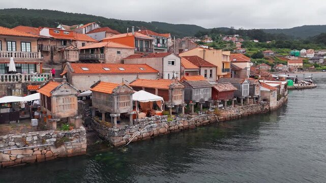 Aerial of Combarro Village with Horreos on Ria de Pontevedra, Galicia