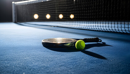 Padel racket and ball on blue court near net with indoor lights in sports arena perfect for padel tournaments training sessions and athletic equipment visuals