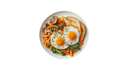 Breakfast Delight: A delicious and artfully composed breakfast plate features two perfectly cooked sunny-side-up eggs alongside a medley of fresh vegetables, golden toast, and sautéed mushrooms.