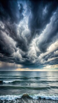 Dark grey storm clouds loom over the ocean surface with waves gently rolling in