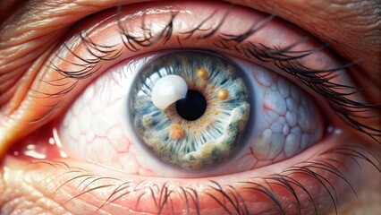 Close up of a tumor on the conjunctiva with white blood cells and cancerous cells