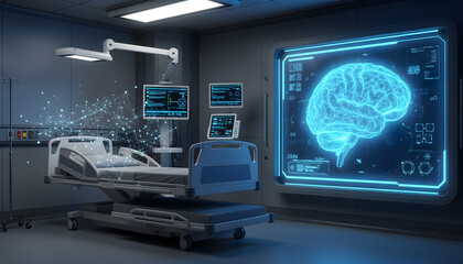 Futuristic hospital room with holographic brain display digital monitors and advanced patient bed in high tech medical environment for neurology and diagnostics