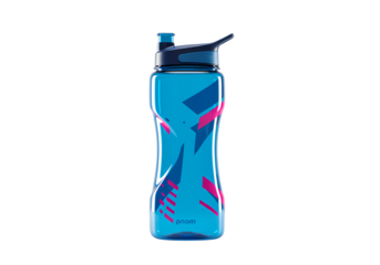 Blue and Pink Geometric Pattern Water Bottle with Flip Top Lid on transparent background