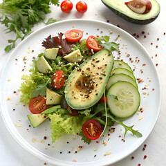 flat lay delicious healthy salad in avocado compo