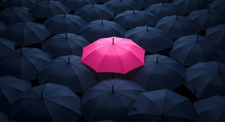 Pink Umbrella Among Navy Umbrellas