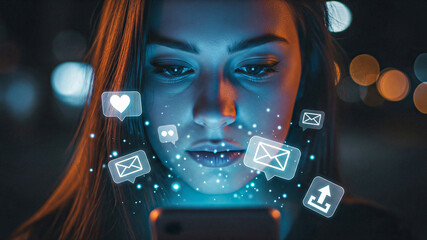 Young Woman Using Smartphone at Night, Neon Light, Social Media Notifications, Futuristic Vibe, Online Connection