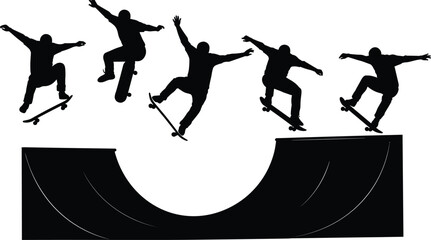 Skateboarder silhouettes performing tricks, skate ramp action vector, extreme urban sport figures, black shadow riders jumping, isolated on white, skateboarding stunt collection illustration