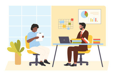 Fototapeta premium Office meeting between boss and employee for conversation or interview vector illustration. Cartoon confident manager sitting at desk with laptop, young nervous recruit holding business document