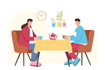 Couple talk and drink tea or coffee on date in cozy cafe vector illustration. Cartoon man and woman sitting on chairs at table of cafeteria, meeting and dialog conversation of young friends or lovers