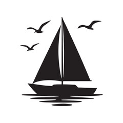 Sailing Boat Vector Illustration Silhouette on White Background with Seagulls in Minimalist Style