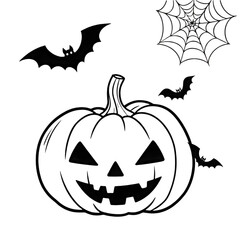 "Hand-drawn Halloween sketch of pumpkin, bats, spider web, and old creepy tree on white background."