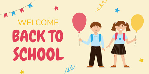 Banner with Welcome Back to school message. Horizontal printable poster with school boy and school girl in childish style