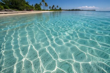 Crystal Clear Tropical Water with Sunlight Reflections on Calm Beach Shoreline
