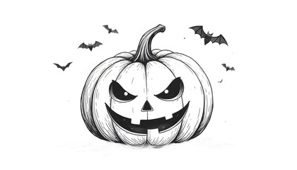 "Hand-drawn Halloween sketch of pumpkin, bats, spider web, and old creepy tree on white background."
