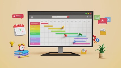 Project scheduling and task updates, milestone tracking with Gantt chart dashboard. 3D computer screen with planning and progress icons. 4K 3D animation