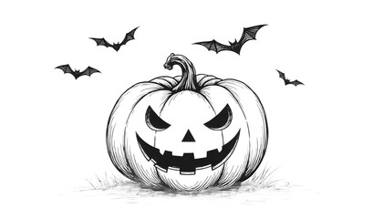 "Hand-drawn Halloween sketch of pumpkin, bats, spider web, and old creepy tree on white background."