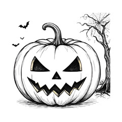 "Hand-drawn Halloween sketch of pumpkin, bats, spider web, and old creepy tree on white background."