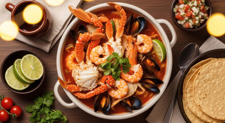 Top View of a Large Bowl of Mexican Seafood Soup with Crab and Mussels