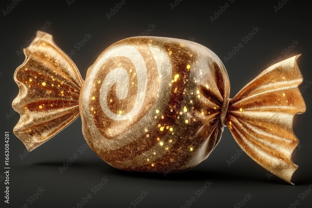 Poster golden wrapped candy with intricate spiral design and shimmering sparkles creating a luxurious, ench