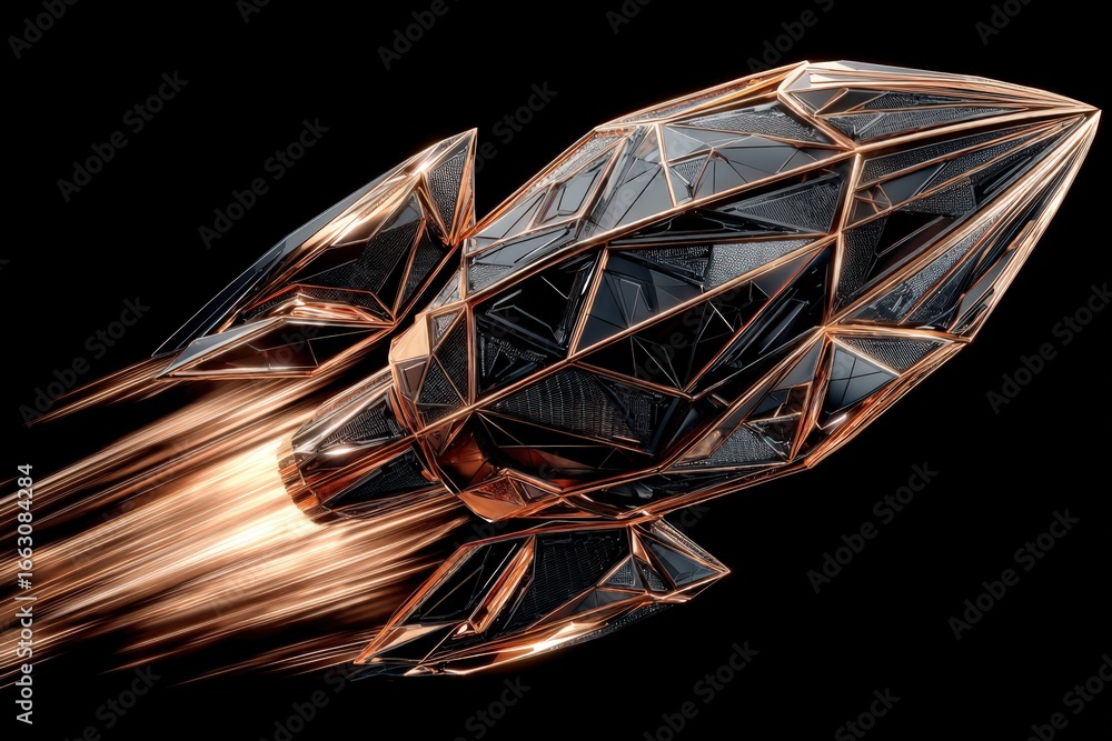 Poster futuristic diamond-shaped rocket soaring through the cosmos with dynamic motion blur showcasing high