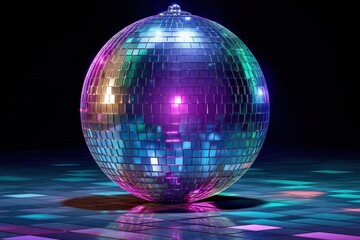 Radiant disco ball reflecting vibrant hues and illuminating dance floor tiles in a contemporary night club setting creating an atmosphere of joy and celebration