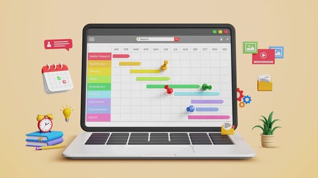 Project scheduling and task updates, milestone tracking with Gantt chart dashboard. 3D laptop screen with planning and progress icons. 4K 3D animation