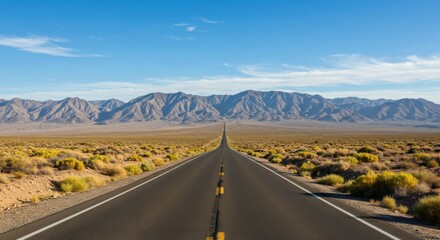 A long, straight road stretches through the desert towards distant mountains