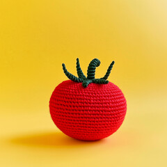 A vibrant red tomato, crochet style, against a bright yellow backdrop. A handcrafted food