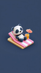 A relaxing panda enjoying a sunny day at the beach, on a striped beach towel with a cocktail