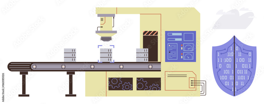 Poster robotic machine assembling items on conveyor belt alongside shield representing cybersecurity. ideal