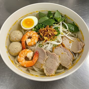  bowl of Vietnamese Hủ Tiếu Nam Vang (Pnom Penh noodle soup) with clear broth, thin rice noodles, succulent shrimp, sliced pork, quail egg, and fresh herbs, garnished with fried shallots,