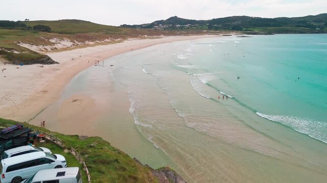 Aerial view of Playa de Santa Comba beach with turquoise sea in Galicia Spain