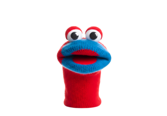 Hand Puppet A CloseUp View of a Red and Blue Knitted Finger Puppet isolated on transparent background