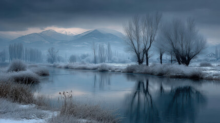 Fototapeta premium Serene Winter Landscape with Frozen River, Snow-Covered Trees, and Distant Mountains under a Dramatic Sky, Reflecting Calmness and the Beauty of Nature's Cold Embrace in a Tranquil Outdoor Scene