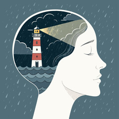 Finding inner peace and guidance, A lighthouse in a woman's mind during a storm, Vector art for prints - Generative AI
