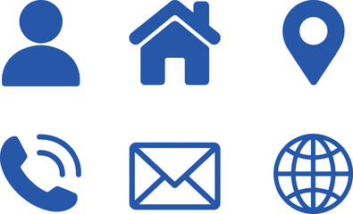 Contact Information Icon Set in Blue on a Transparent Background, Phone, Email, Globe