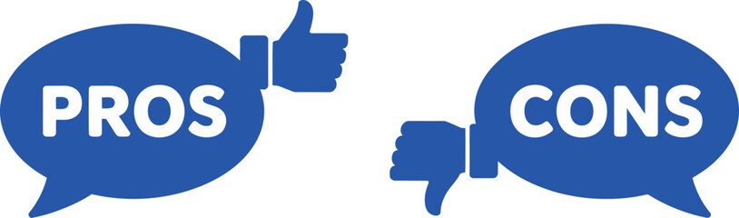 Pros and Cons in Blue Speech Bubbles with Thumbs Up and Down on White