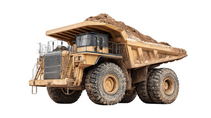 Obraz premium Large earth mover vehicle with dirt load in the bed background isolated on a Transparent background, PNG file.