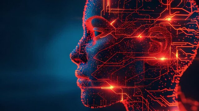 Digital human head with circuit board design footage