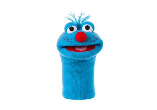 Blue Hand Puppet with Red Nose Playful Character for Performances isolated on transparent background