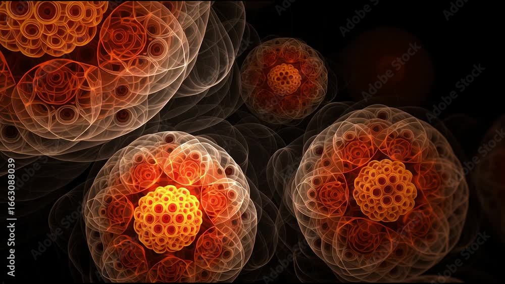 Poster exploring the intricate beauty of abstract molecular structures and patterns in a dark background wi