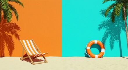A vibrant summer scene, showcasing a beach chair and a lifebuoy next to palm tree shadows, with sandy shores, bright colors, and a refreshing, cheerful aesthetic for vacation enjoyment