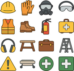 Safety Icons: A comprehensive collection of safety equipment icons in a clean and bold style. These icons represent the essence of workplace safety. 