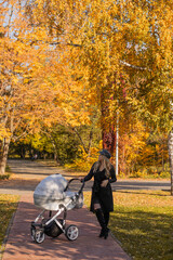 Obraz premium Beautiful young girl in black clothes and a black cap with a baby carriage in her hands in an autumn park. autumn season. autumn mood. autumn. mother. motherhood mother's day